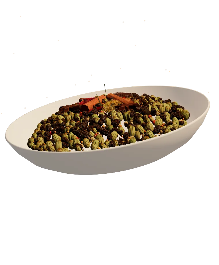 A rustic bowl heaped with whole Himalayan spices